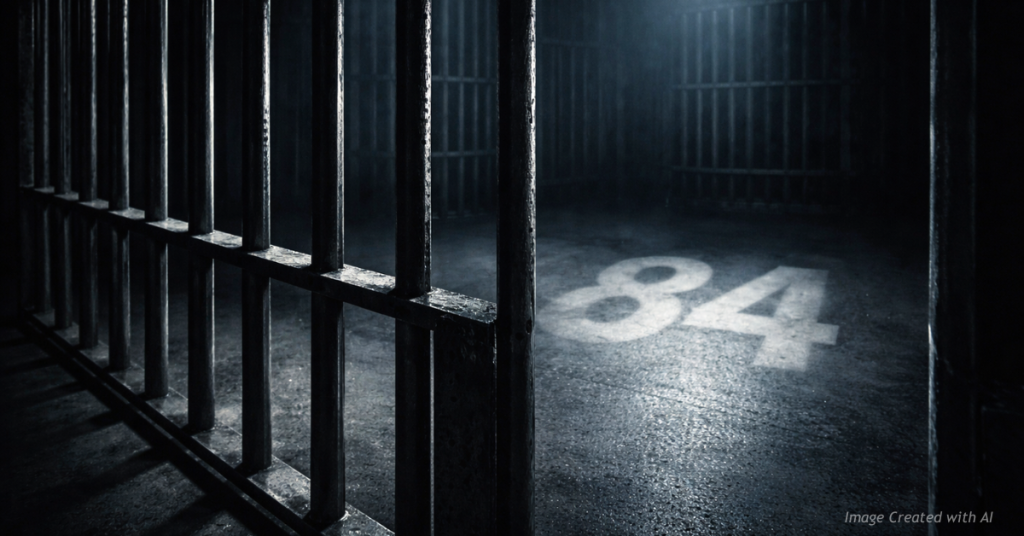 Prison bars symbolizing an 84-year federal sentence for nationwide child exploitation crimes.