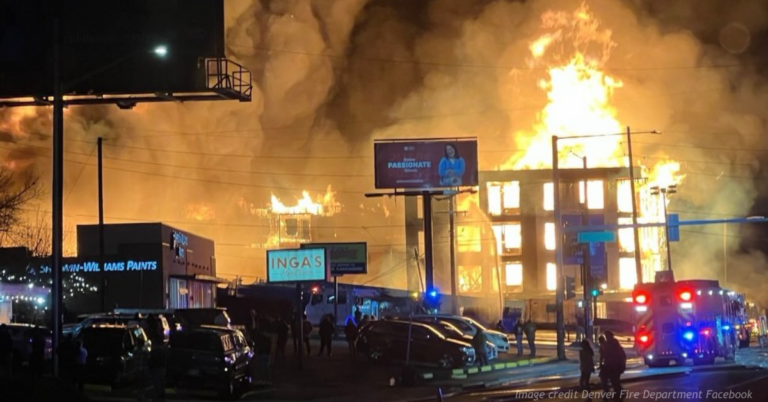 Nighttime image of Leetsdale Drive Fire in Denver.