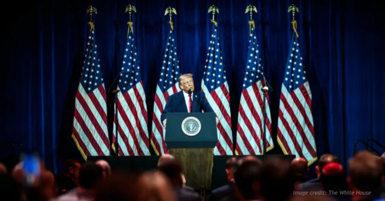 Donald J. Trump on stage speaking to Republicans.