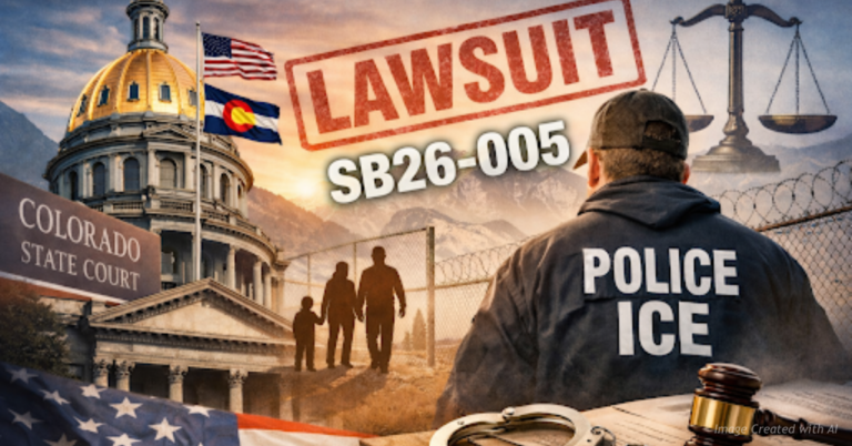 SB26-005 lawsuit imagery highlighting immigration enforcement and legal liability in Colorado