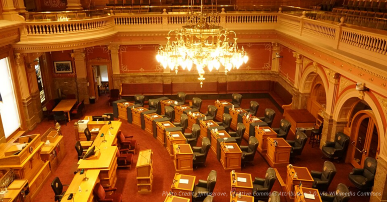 Interior of a Colorado Capitol legislative chamber before session