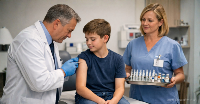 Doctor administers vaccine to school-age child as nurse stands nearby with tray of multiple prepared syringes.