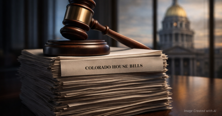 Gavel resting on a tall stack of Colorado House bills symbolizing rapid legislative action.