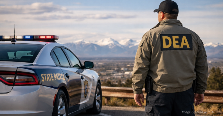 Colorado State Patrol vehicle and DEA agent side by side, symbolizing cooperation between state and federal law enforcement.