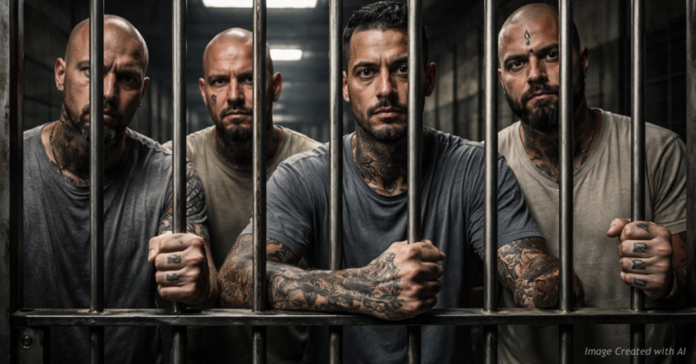 Hardened inmates with visible tattoos stand behind steel bars, illustrating pressure on Colorado’s growing prison system.