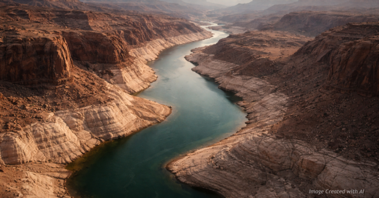 Aerial view of the Colorado River appearing narrow and depleted as it winds through arid desert canyons.