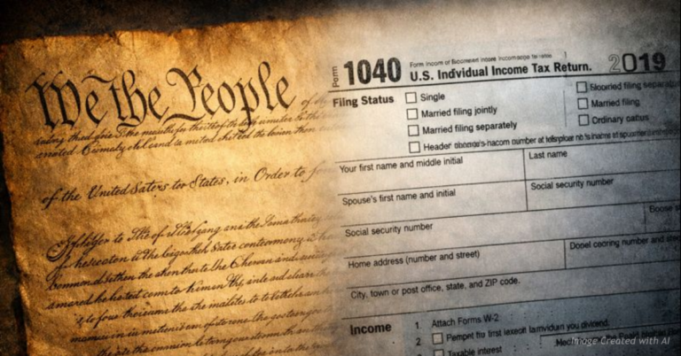 Constitution overlaid with tax forms symbolizing federal overreach and lost limits