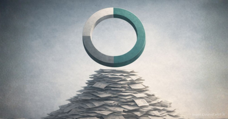 A segmented percentage ring hovering above a growing stack of paperwork, symbolizing cost caps that don’t limit total spending