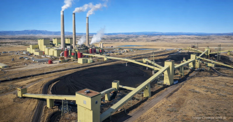 Aerial view of the Craig Generating Station coal power plant in northwest Colorado under clear skies.