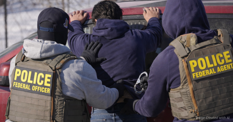 Federal immigration agents frisk a detained man during a roadside enforcement action in a winter setting.