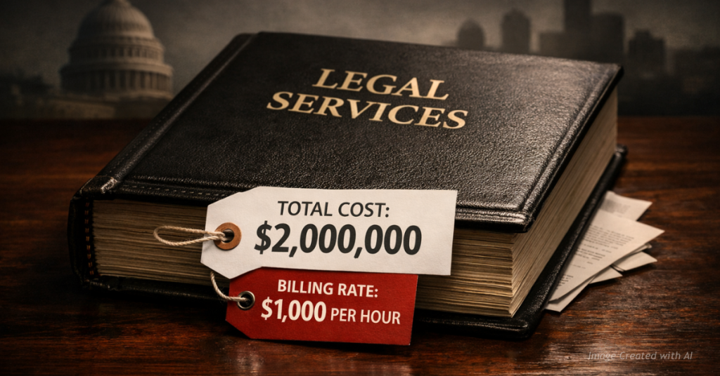 Law book labeled Legal Services with $2 million cost and $1,000 per hour rate symbolizing Denver’s legal spending.