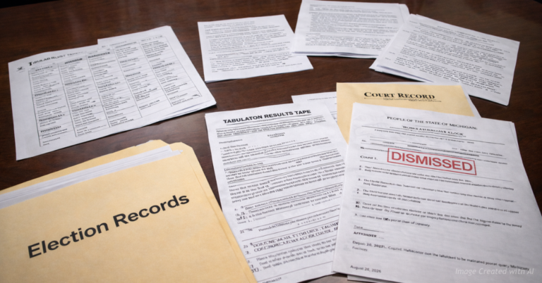 Election records and court documents laid out for review in Hillsdale County accountability dispute.