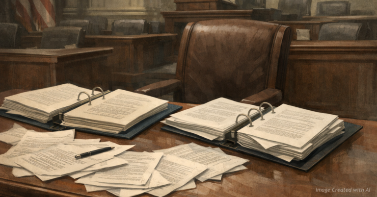 Empty congressional desk beside regulatory binders symbolizing delegated lawmaking