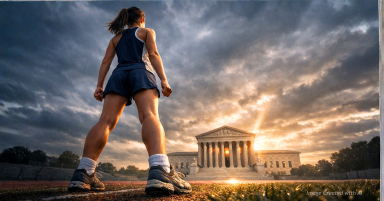 Low-angle view of a young female athlete looking toward the U.S. Supreme Court, symbolizing the future of women’s sports.