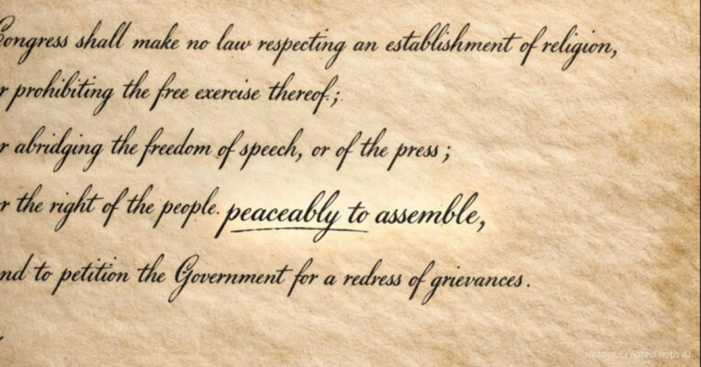 First Amendment text highlighting peaceable assembly