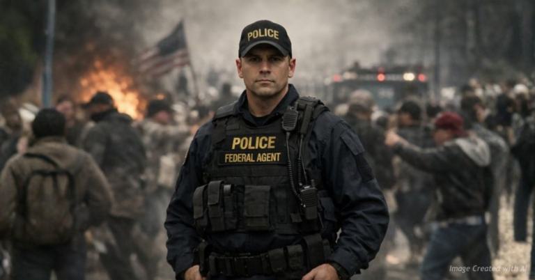 Federal officer standing amid unrest symbolizing threats to law and order