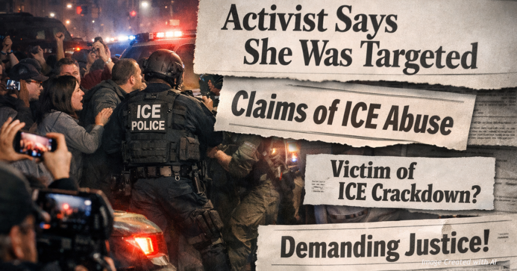 Oversized media headlines obscure a chaotic ICE enforcement scene as officers face obstruction from protesters.