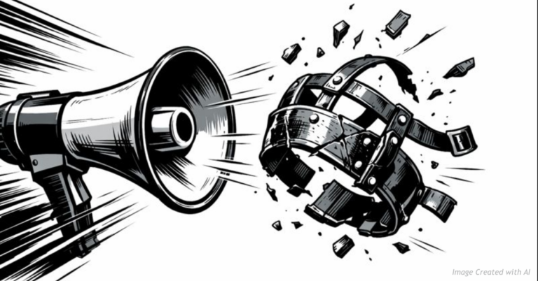 A broken muzzle falling away from a voice
