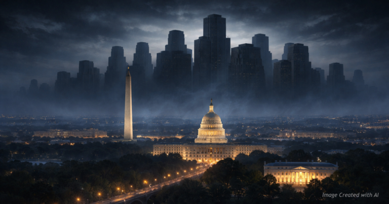 Dark silhouette of nonprofit buildings looming behind Washington D.C. skyline symbolizing unelected power and lack of accountability.