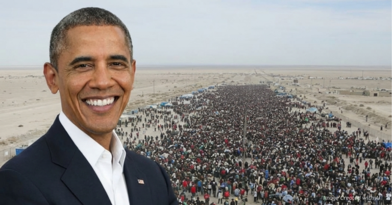Former President Barack Obama overlaid against a large migrant crowd at the U.S. border symbolizing policy consequences.