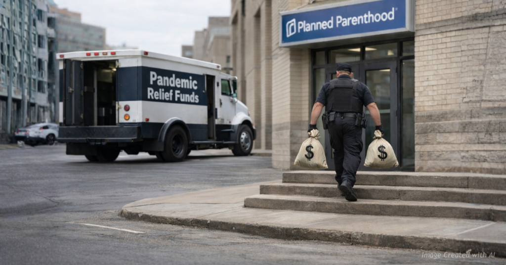 Armored truck labeled pandemic relief funds as guard carries money bags toward Planned Parenthood entrance