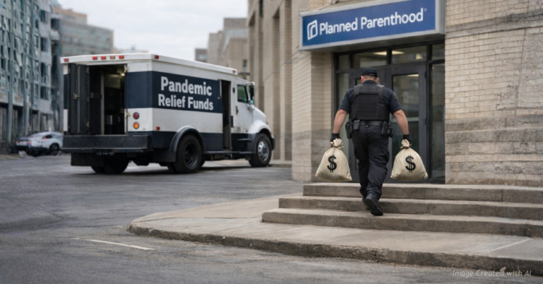 Armored truck labeled pandemic relief funds as guard carries money bags toward Planned Parenthood entrance