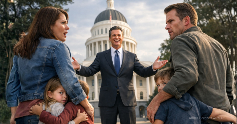 Parents shield their children as California Gov. Gavin Newsom stands smiling in front of the state Capitol.