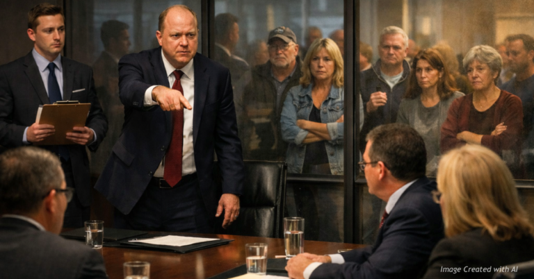 Governor Polis directs closed meeting as citizens watch from outside through glass.