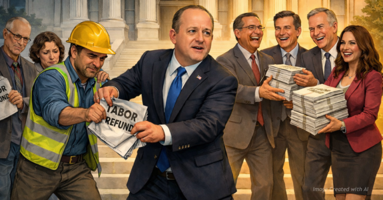 An editorial illustration depicting Colorado Gov. Jared Polis on the steps of the State Capitol pulling a “TABOR Refund” from a struggling blue-collar worker while handing stacks of refunds to smiling politicians and bureaucrats, highlighting the divide between taxpayers and government insiders.