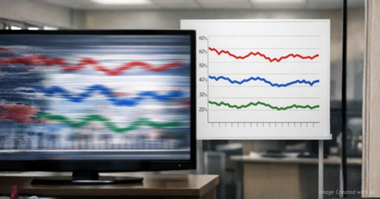 A blurred television screen beside a clear polling chart, symbolizing the gap between media coverage and public opinion