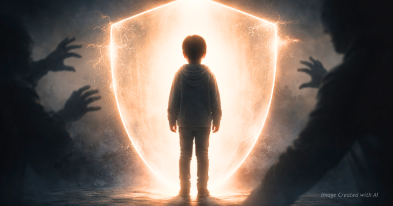 Symbolic image of a child protected by a glowing barrier from surrounding threats.