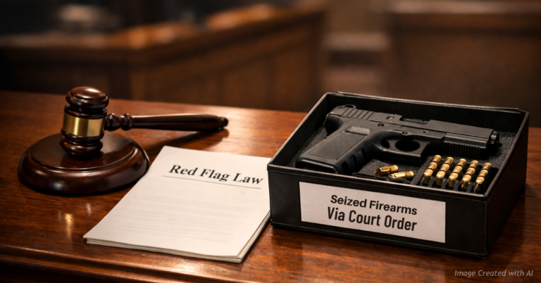 Judge’s gavel and red flag law document beside boxed handgun labeled for court-ordered firearm seizure