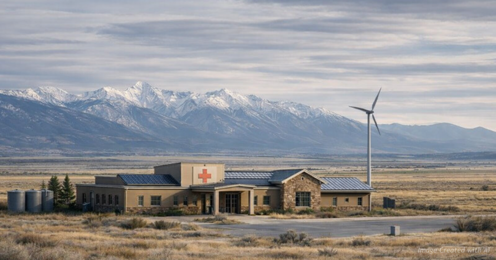Rural hospital in Colorado landscape representing sustaining local health care