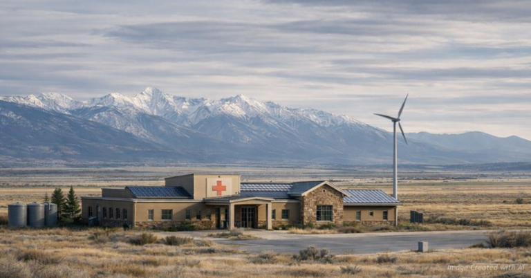 Rural hospital in Colorado landscape representing sustaining local health care