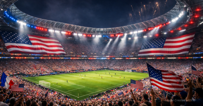 “World Cup stadium glowing red white and blue as America celebrates its 250th anniversary”