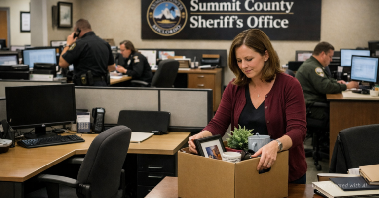 “Woman packs up desk at Summit County Sheriff’s Office as nearby workstations sit empty and others remain active”