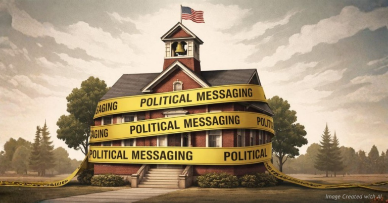 Schoolhouse wrapped in caution tape symbolizing political framing of education funding