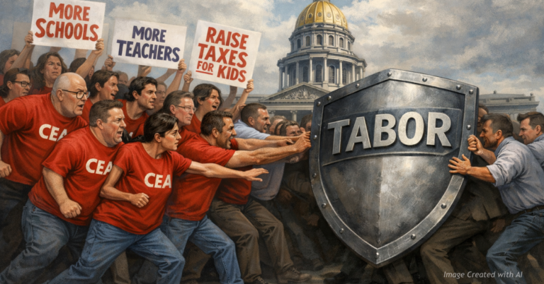 Teachers union members push against a TABOR shield outside the Colorado State Capitol in an illustration on school funding.