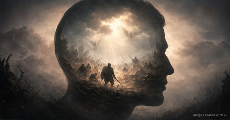 A human silhouette with a battlefield inside symbolizing inner spiritual conflict