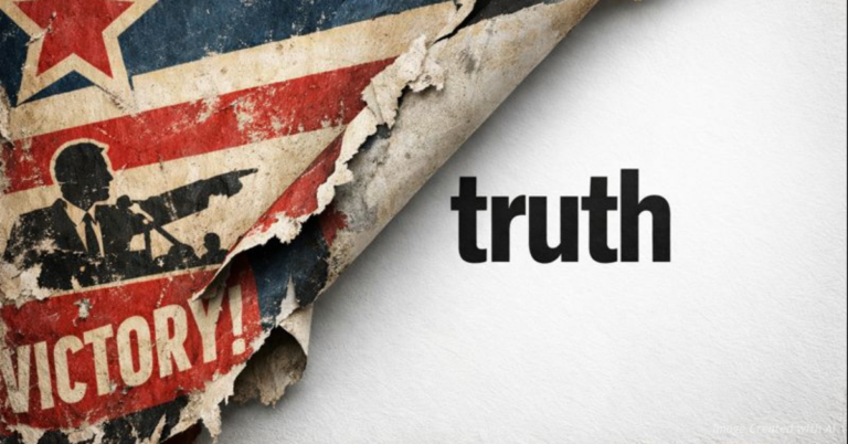 Propaganda poster tearing away to reveal truth beneath
