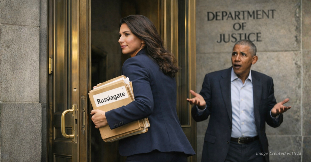 Tulsi Gabbard carries Russiagate files into the DOJ as Barack Obama reacts in the background.