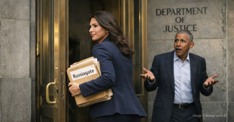 Tulsi Gabbard carries Russiagate files into the DOJ as Barack Obama reacts in the background.