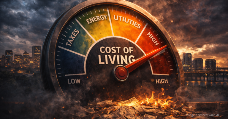 “Cost-of-living gauge spiking upward with Richmond skyline behind it”