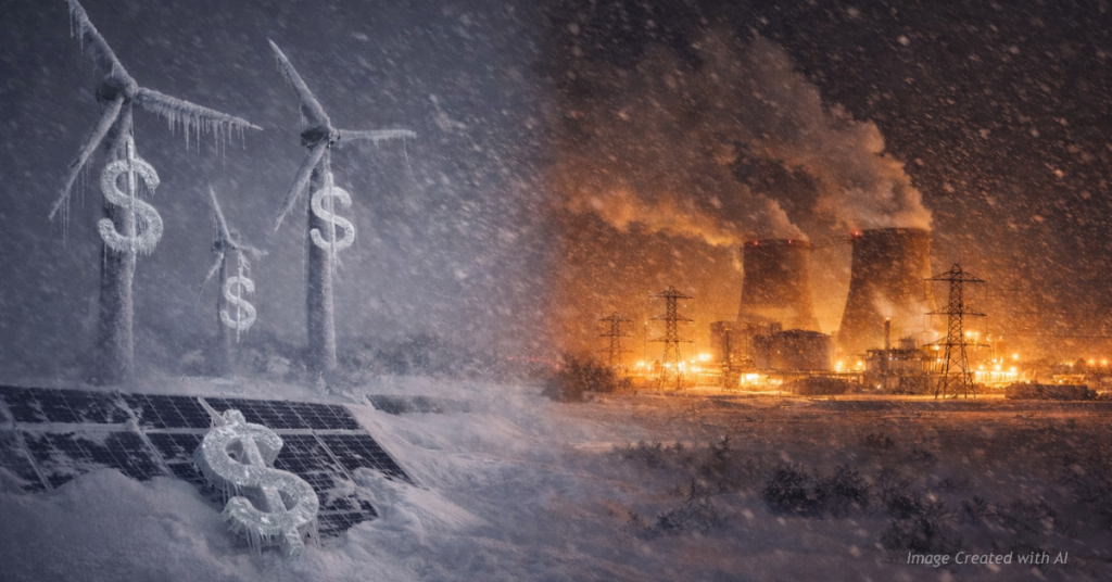 Frozen dollar signs hang from wind turbines and slide off snow-covered solar panels during a New England winter storm.