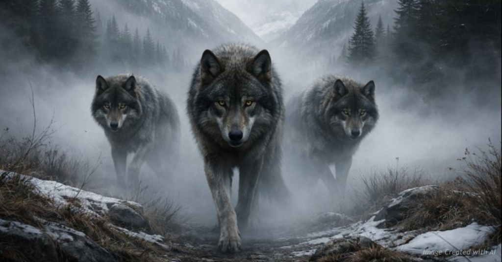 Wolf pack emerging in foggy Colorado valley