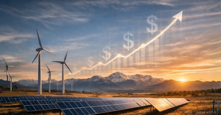 Colorado wind turbines and solar panels with subtle rising cost imagery symbolizing clean energy expenses.