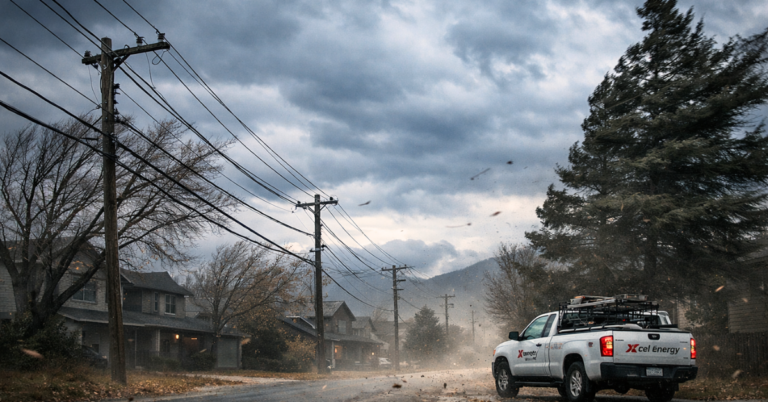 Power lines and trees bend in extreme wind as an Xcel Energy truck sits parked in a suburban Colorado neighborhood.