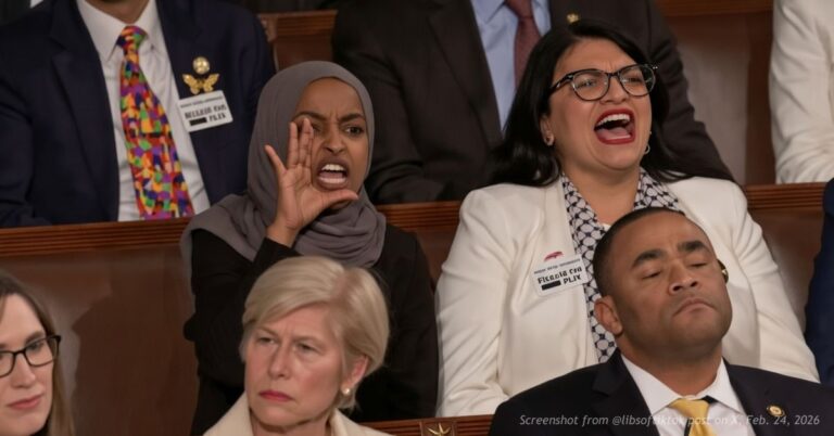 Reps. Ilhan Omar and Rashida Tlaib react during President Trump’s 2026 State of the Union address