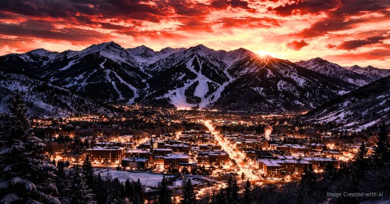 Downtown Aspen Colorado at dusk with pastel winter sky.