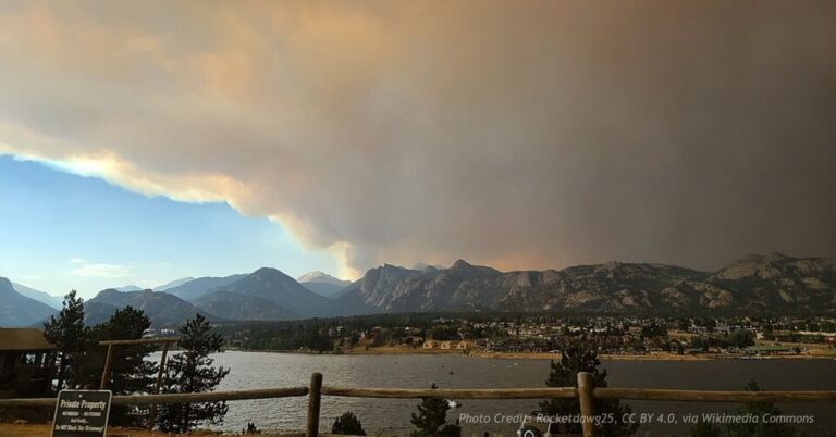 Cameron Peak Fire smoke plume rising over Estes Park in September 2020